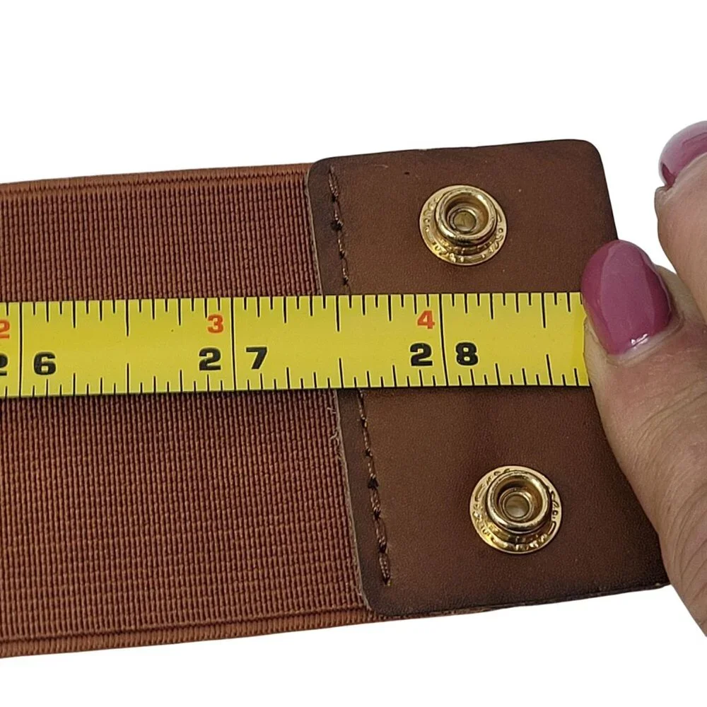 Vtg‎ Express Western Wide Brown Leather Stretch Waist Belt Sz S/M Gold Weave